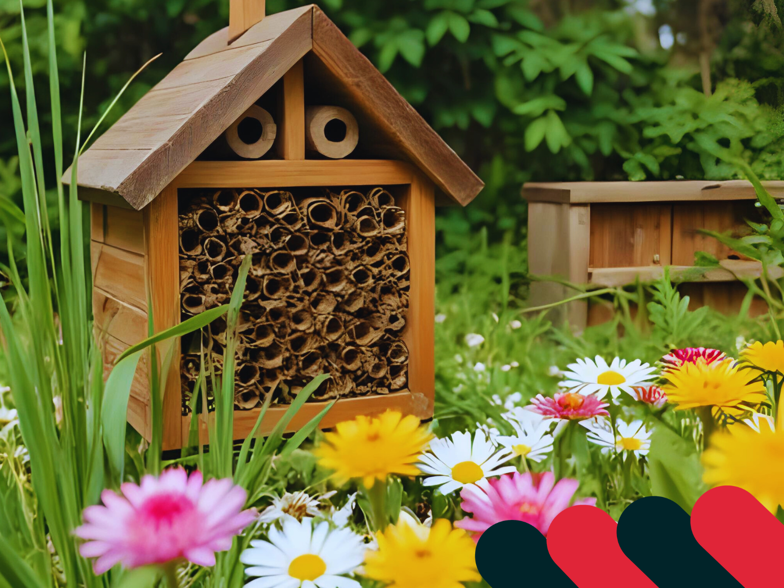 Căsuță pentru insecte în grădină, înconjurată de plante înflorite | Kotarbau