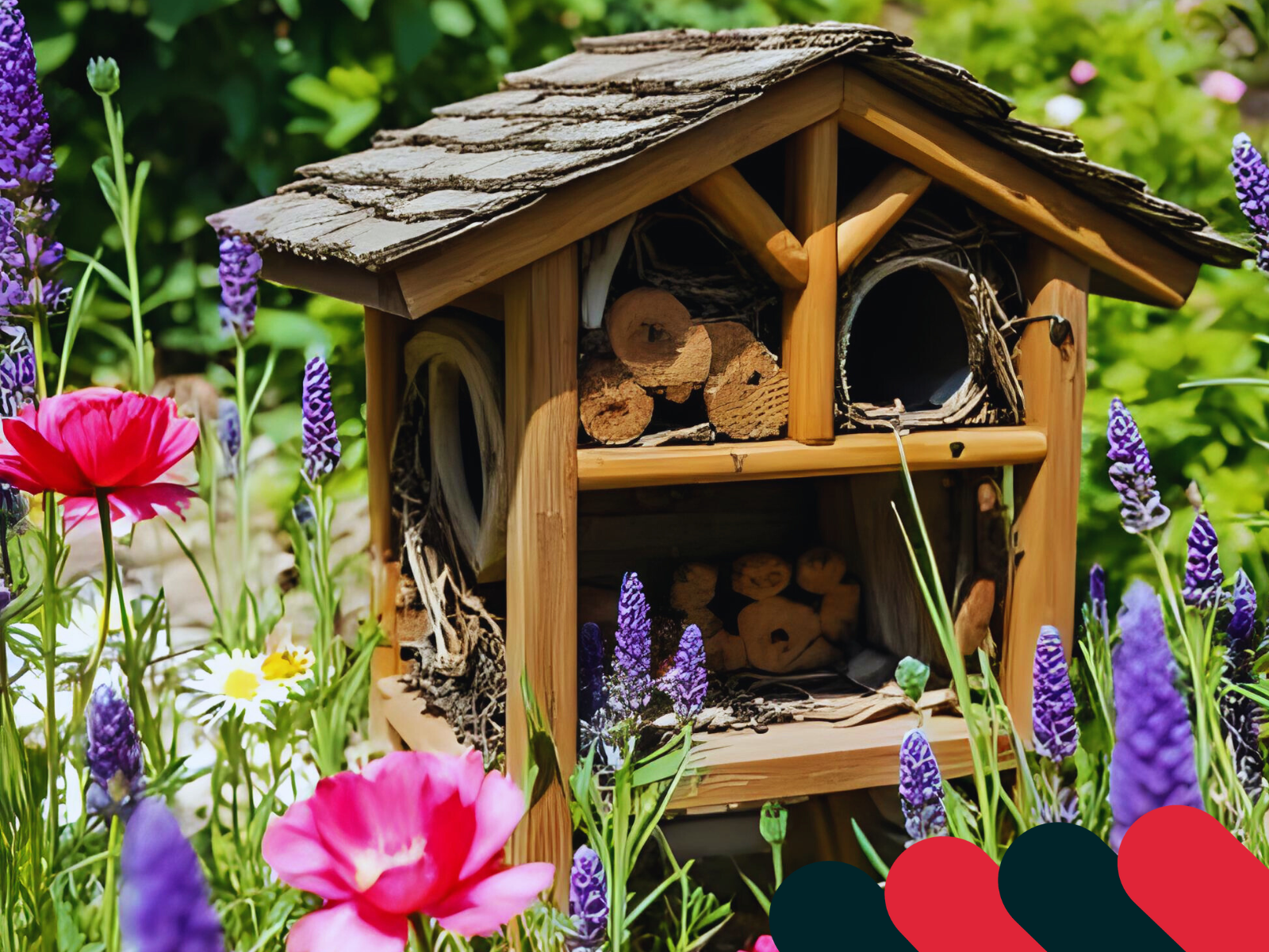 Căsuță pentru insecte în grădină, înconjurată de plante înflorite | Kotarbau