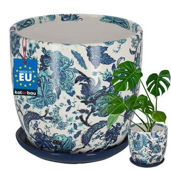 Ghiveci ceramic cu farfurioară flori albastre alb 20x19,5 cm