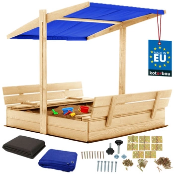 Groapă de nisip din lemn cu baldachin și bănci blocabilă mare naturală 120 cm