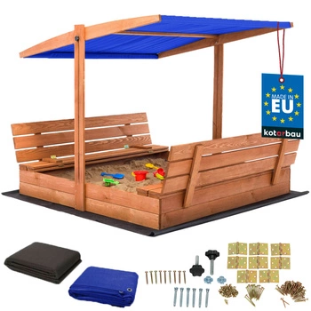 Groapă de nisip din lemn cu baldachin și bănci blocabilă mare maro 140 cm