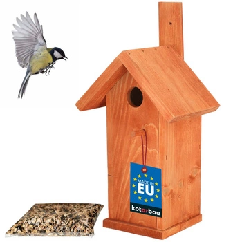 Cuib pentru păsări hrănitor din lemn adăpost cu hrană - Culoare roșu cărămidă