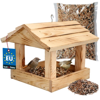 Hrănitoare pentru păsări din lemn + hrană 0,5 kg