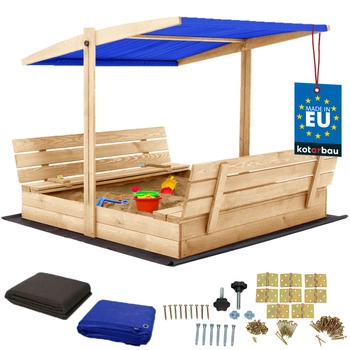 Groapă de nisip din lemn cu baldachin și bănci blocabilă mare naturală 140 cm