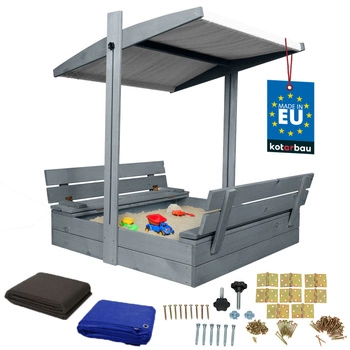 Groapă de nisip din lemn cu baldachin și bănci blocabilă mare gri 100 cm