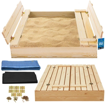 Groapă de nisip pentru copii cu bănci închis din lemn mare naturală 100 cm