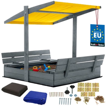 Groapă de nisip din lemn cu baldachin și bănci blocabilă mare gri 120 cm