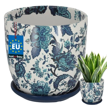 Ghiveci ceramic cu farfurioară flori albastre alb 17x17,5 cm