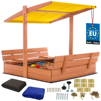 Groapă de nisip din lemn cu baldachin și bănci blocabilă mare maro 120 cm