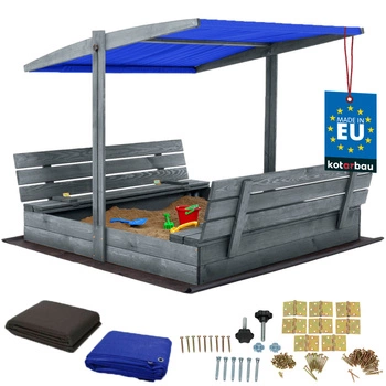 Groapă de nisip din lemn cu baldachin și bănci blocabilă mare gri 140 cm