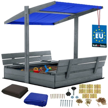 Groapă de nisip din lemn cu baldachin și bănci blocabilă mare gri 120 cm