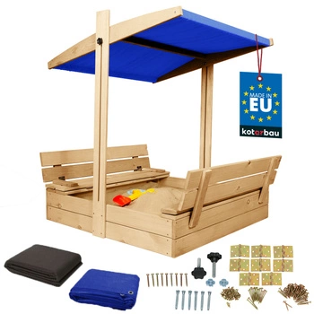 Groapă de nisip din lemn cu baldachin și bănci blocabilă mare naturală 100 cm