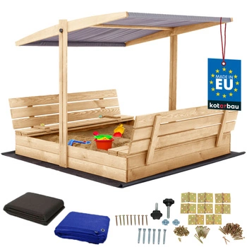 Groapă de nisip din lemn cu baldachin și bănci blocabilă mare naturală 140 cm