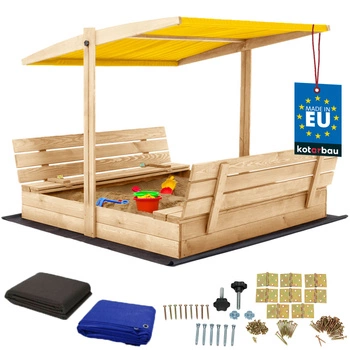 Groapă de nisip din lemn cu baldachin și bănci blocabilă mare naturală 140 cm