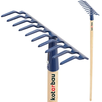 Greblă de grădină din metal cu 10 dinți și mâner din lemn