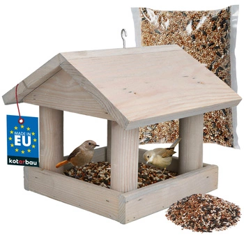 Hrănitoare pentru păsări din lemn gri + hrană 0,5 kg